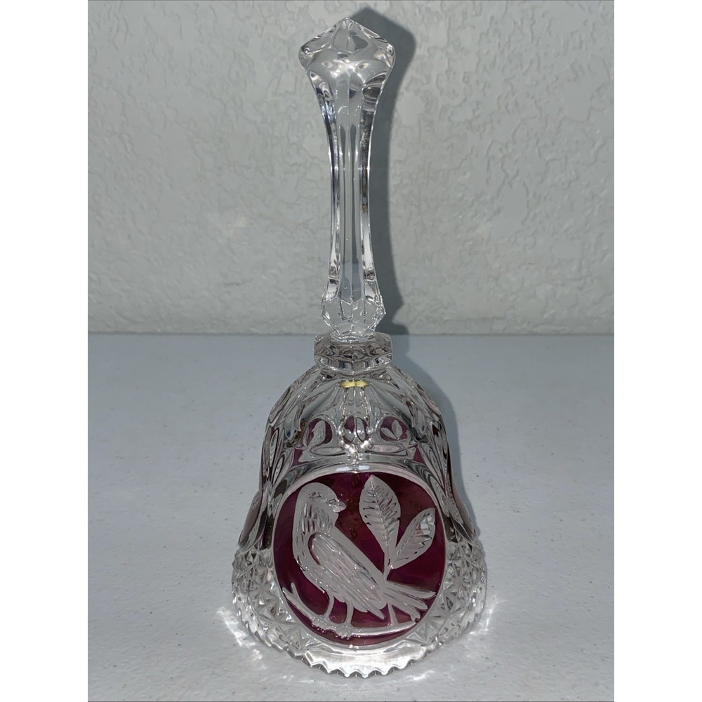 Vintage Hofbauer Byrdes Lead Crystal Bell in Cut Clear Glass Ruby Red Bird 8"